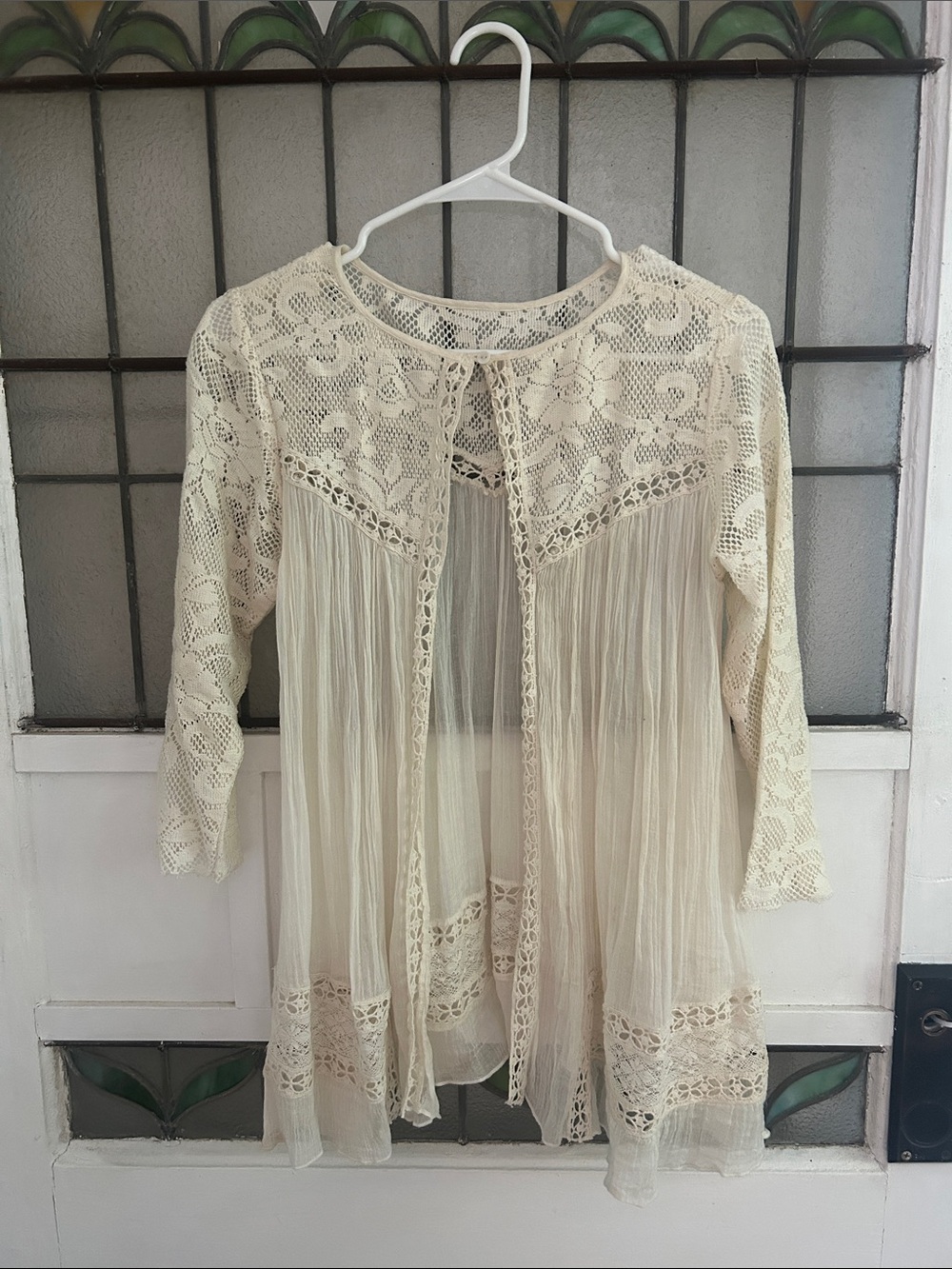 Vintage Cream Lace Crochet Open-Front Women's Top